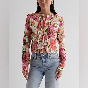 New! Express Floral Pleated Relaxed Portofino Shirt, Small in pink